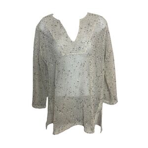 Lulu-B Top Crochet Knit Cover Up Beach Tunic V Neck Neutral‎ Boho Chic Small